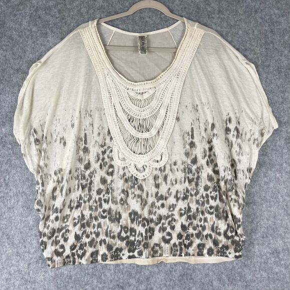 Free People Crochet Top Womens Medium Printed Sheer Oversized Artsy Boho Peasant - Picture 1 of 14